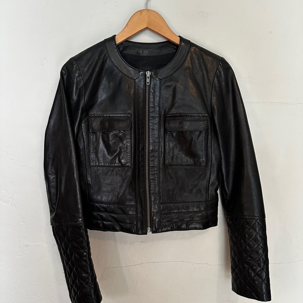 Trouve Black Leather Jacket with Quilted Sleeves